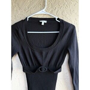 Cashe Black Small Round Neck Faux Belt Stretch Silk Blend Women Bodycon Sweater